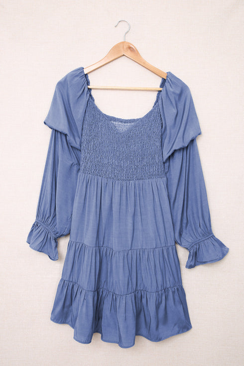Boho Solid Shirred Ruffle Mini Dress
